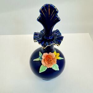Decorative Perfume Bottle w/ Stopper Rose Flower Cobalt Blue Gold Ruffle Trim